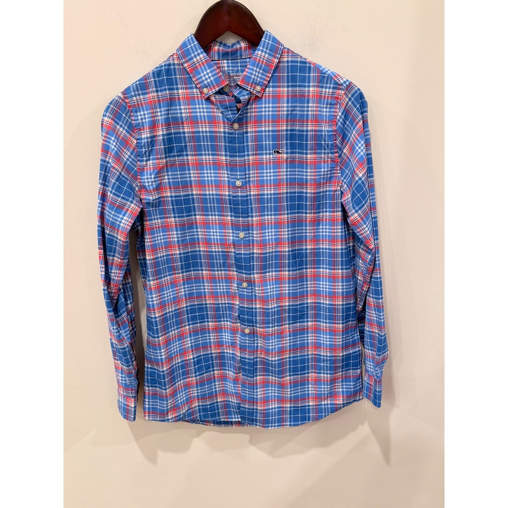 Vineyard Vines Performance Boys Large 16 Blue Red Plaid Long Sleeve Button Down